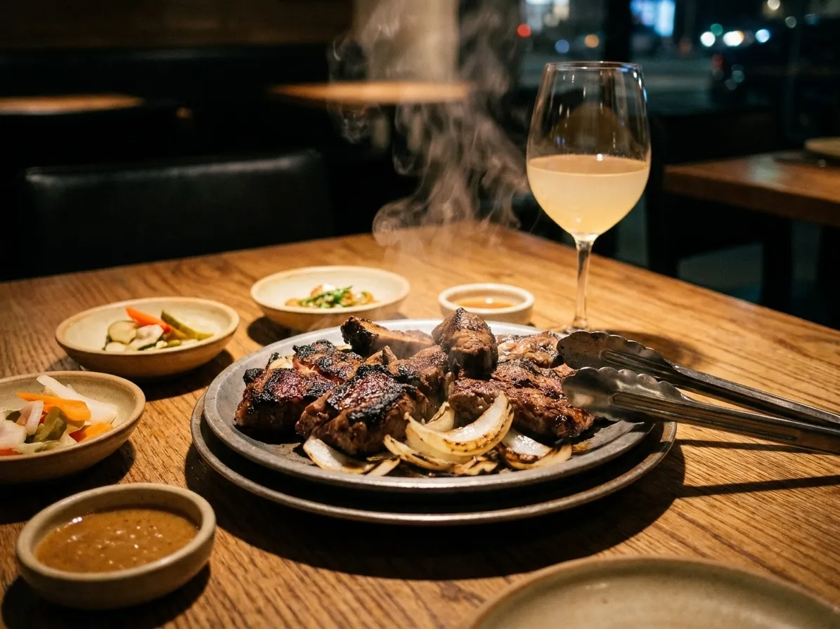 A glass of cloudy pale wine beside a hot metal plate of charred meat and grilled onion with small side dishes around it