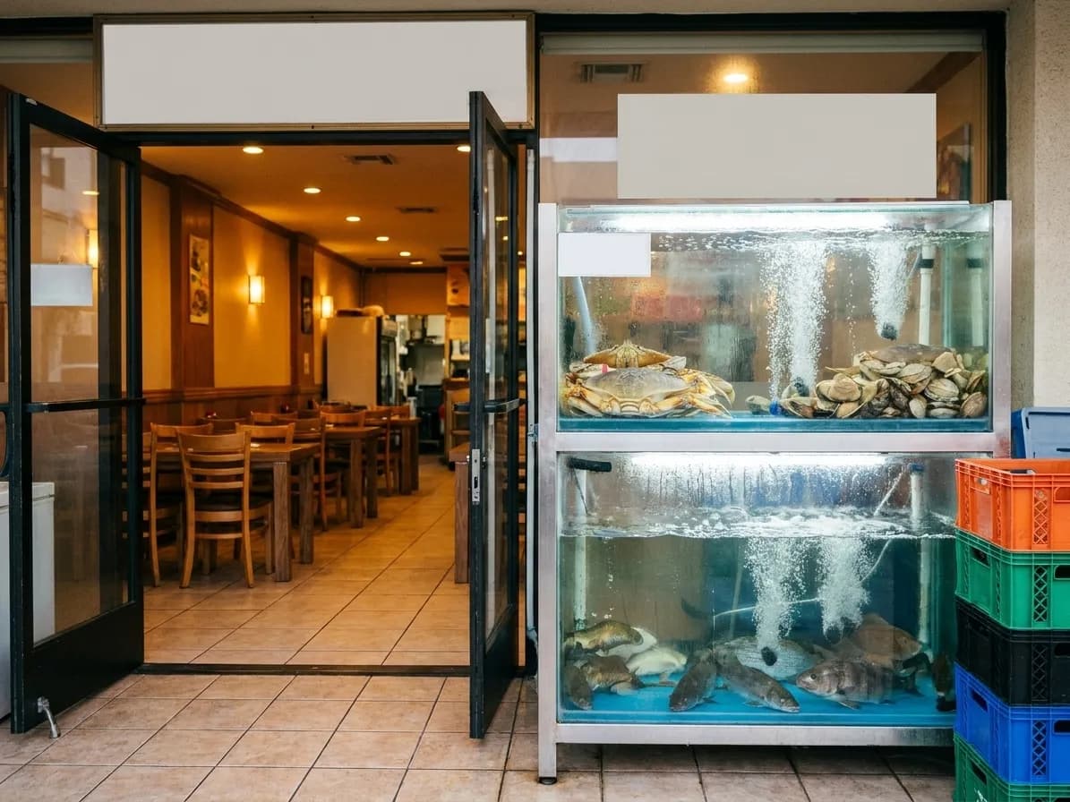 Live seafood tanks with bubbling aerators beside the entrance of a Los Angeles restaurant, with the dining room lit beyond