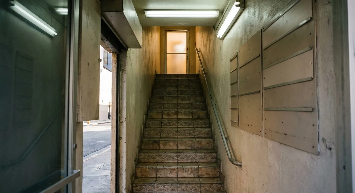 A narrow tiled stairway leading up from a Los Angeles street entrance toward a glass door with warm light behind it