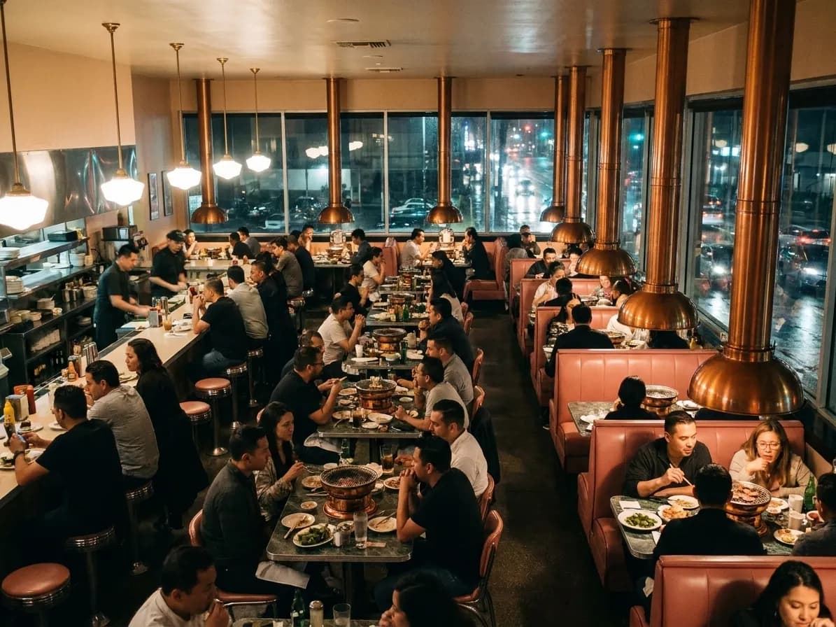 A busy second-floor Los Angeles dining room with tabletop grills, extraction hoods and windows over a dark boulevard