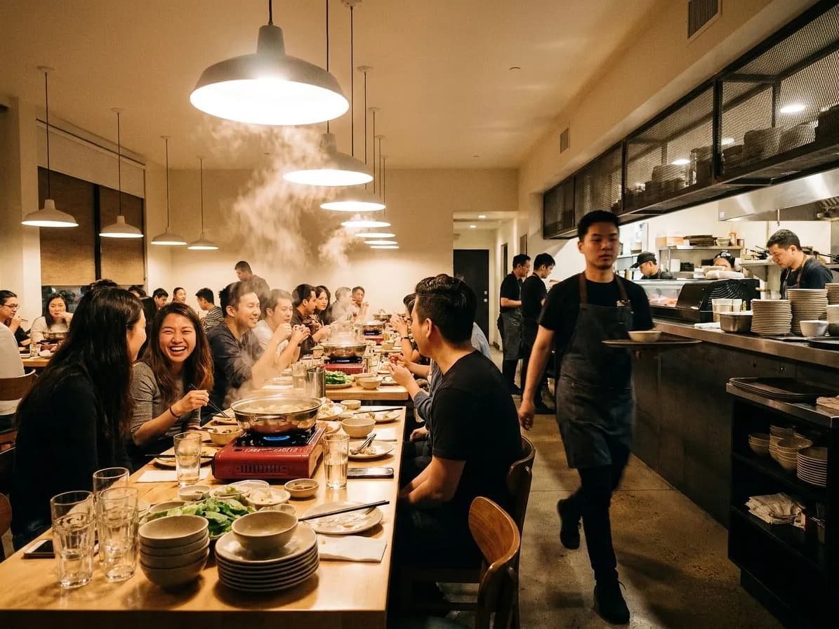 A busy Los Angeles restaurant after midnight with shared pots on long tables, steam rising and groups of friends eating