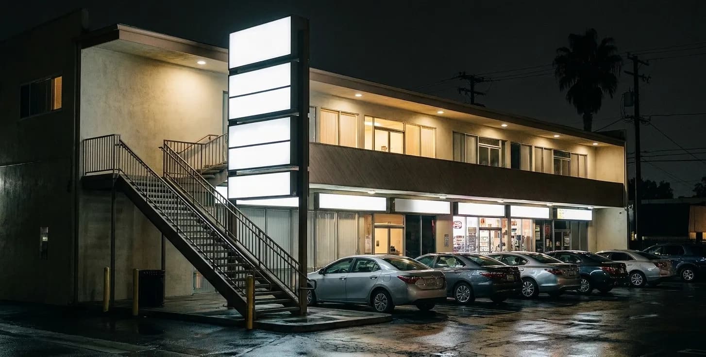 A two-storey Los Angeles mini-mall at night with lit upper-floor windows, an external staircase and cars parked nose-in below
