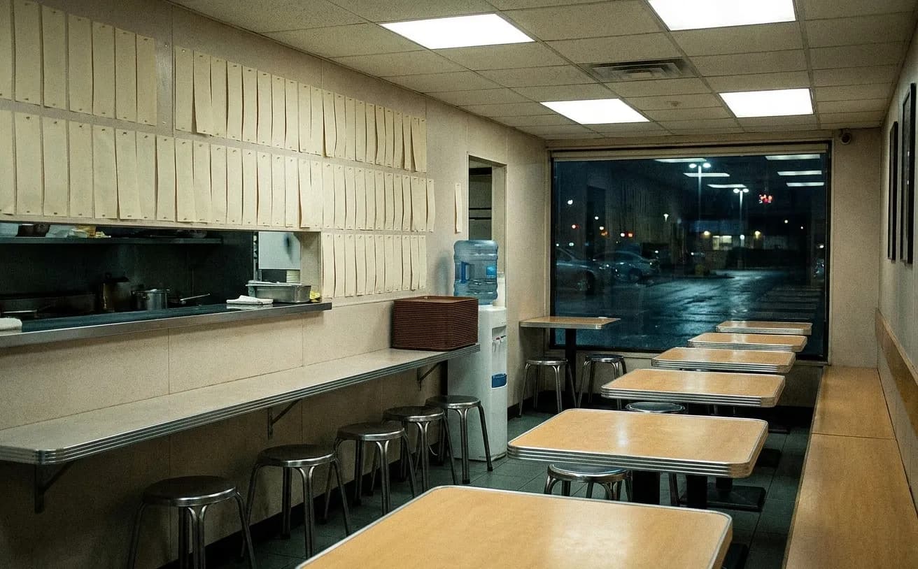 A modest upstairs restaurant with square steel-trimmed tables, a water dispenser against the wall and a window onto a dark car park