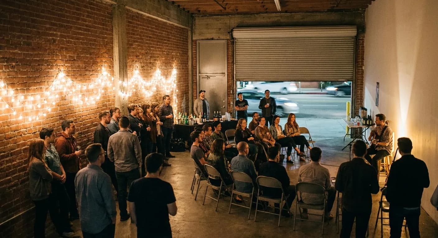 A small evening gathering of about thirty people in a plain Los Angeles room with string lights and a roller door partly open