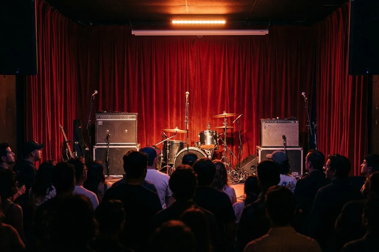 A cramped Los Angeles club stage mid-set with amps, a drum kit and trailing cables under red and amber light above a tight standing crowd
