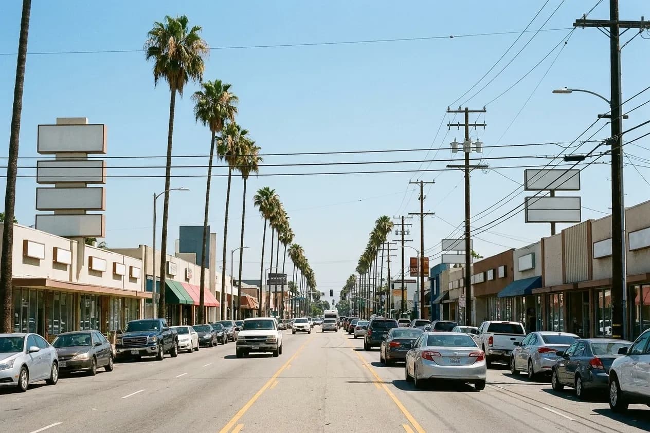 A dense Los Angeles boulevard lined with low mid-century commercial buildings and stacked blank sign panels under hard midday sun