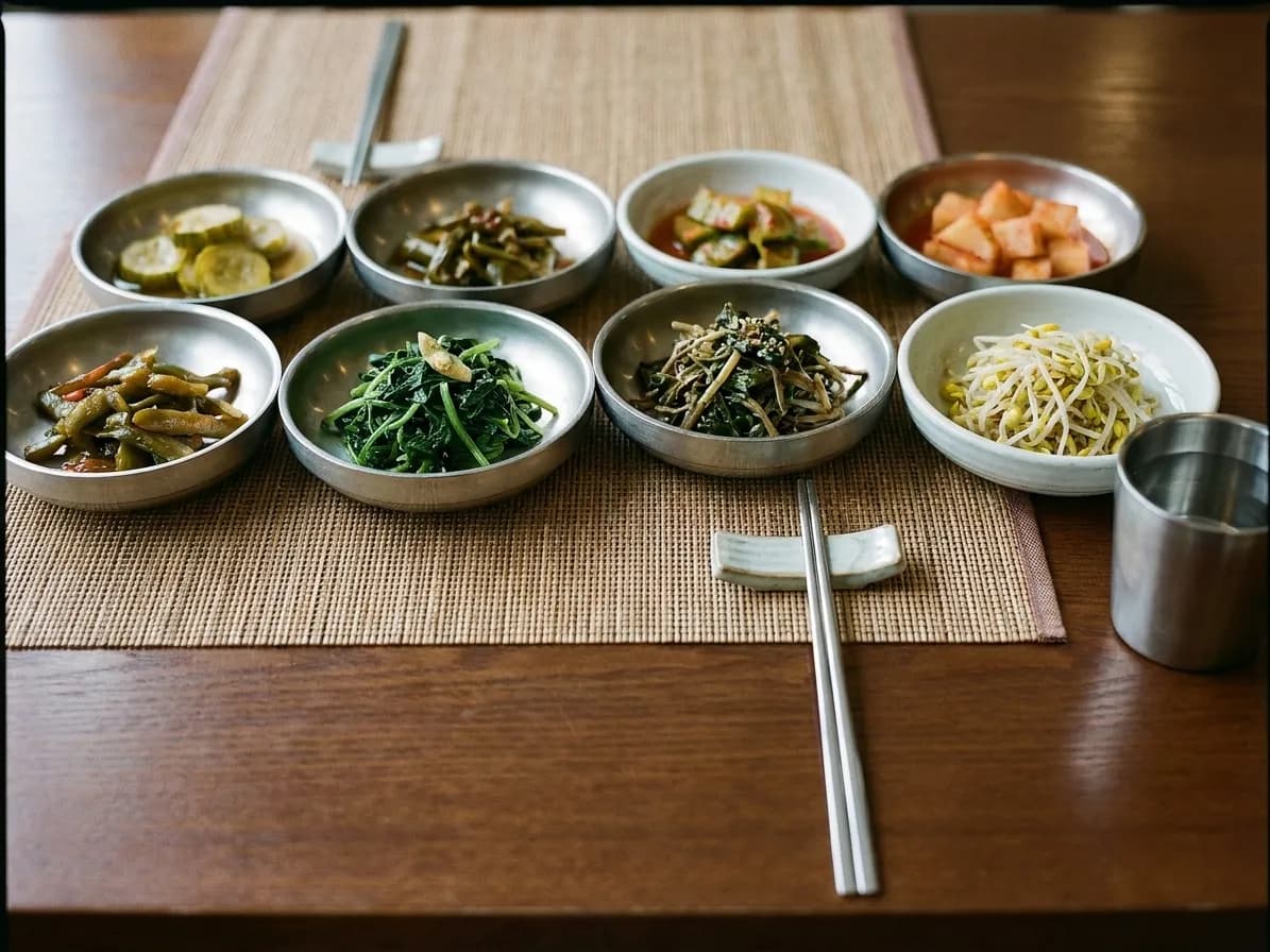 Eight shallow bowls of Korean pickles, greens and sprouts arranged tightly on a table with steel chopsticks on a rest