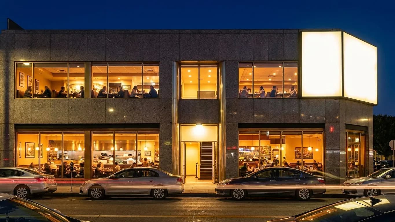 A two-storey Los Angeles building on a boulevard after dark, restaurant windows lit on both floors above cars parked nose-in