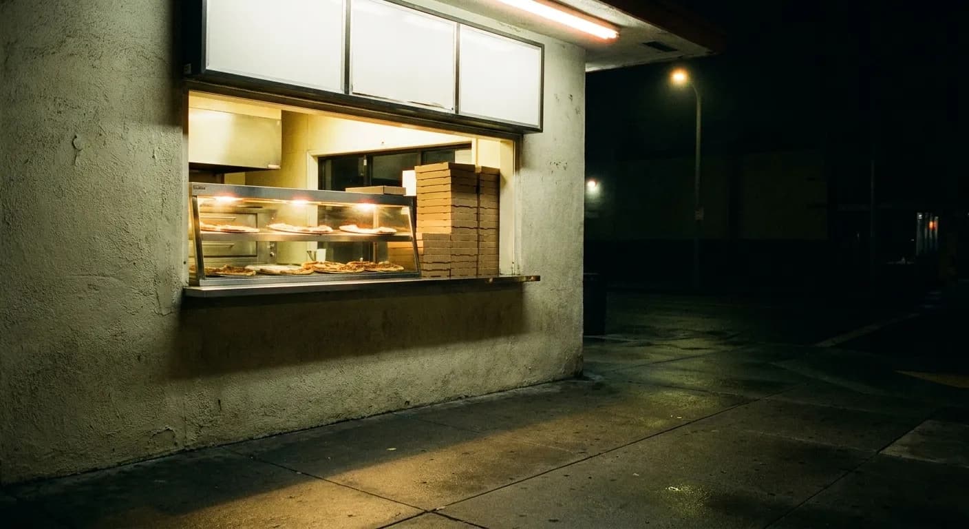 A brightly lit slice counter window with a stainless warming shelf, seen from a dark Los Angeles sidewalk after midnight