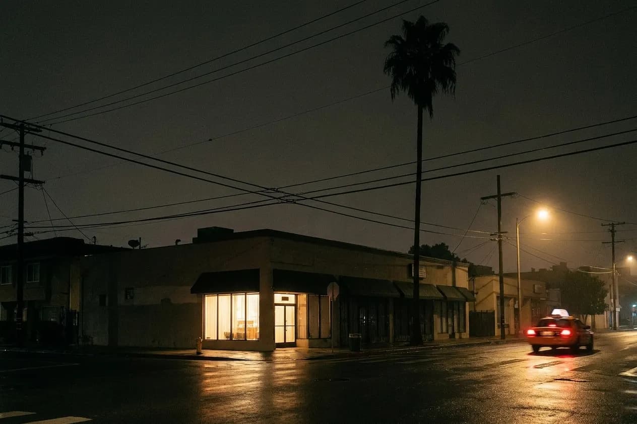 A Los Angeles corner after last call, one lit storefront among dark units with a palm silhouette and tail lights streaking on the road