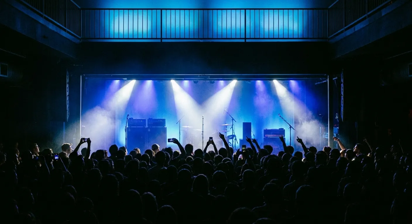 The view from the back of a mid-sized Los Angeles club, silhouetted heads below a distant stage lit by blue and white beams through haze