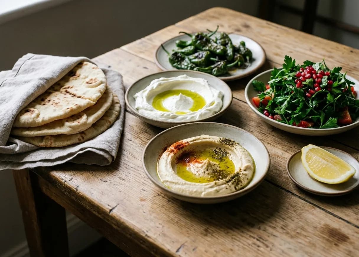 A spread of small Mediterranean plates on a worn wooden table — whipped dips with olive oil, charred peppers, parsley salad and warm flatbread in a cloth
