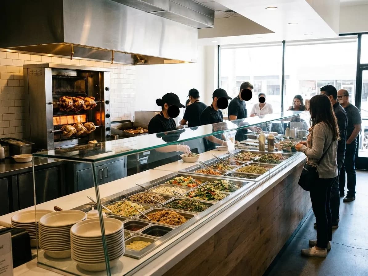 A refrigerated counter of prepared salads and grains in stainless pans with a stack of bowls and a vertical rotisserie behind it
