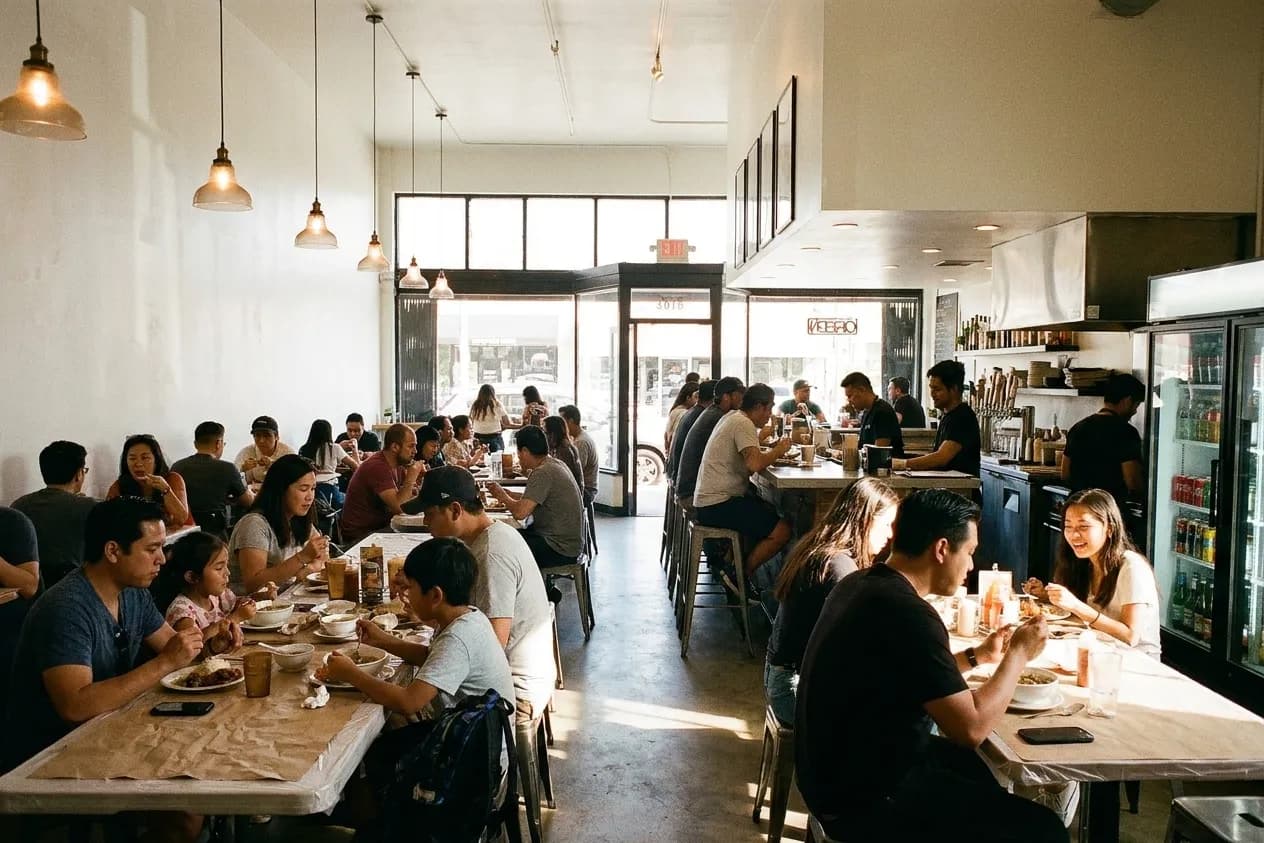 A bright family-run Los Angeles dining room at lunch with long paper-covered tables and a glass drinks fridge along the back wall