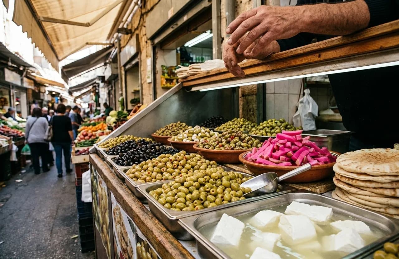 A deli counter packed with trays of olives, pickled turnips, brined white cheese and stacked flatbread with a metal scoop resting in one tray