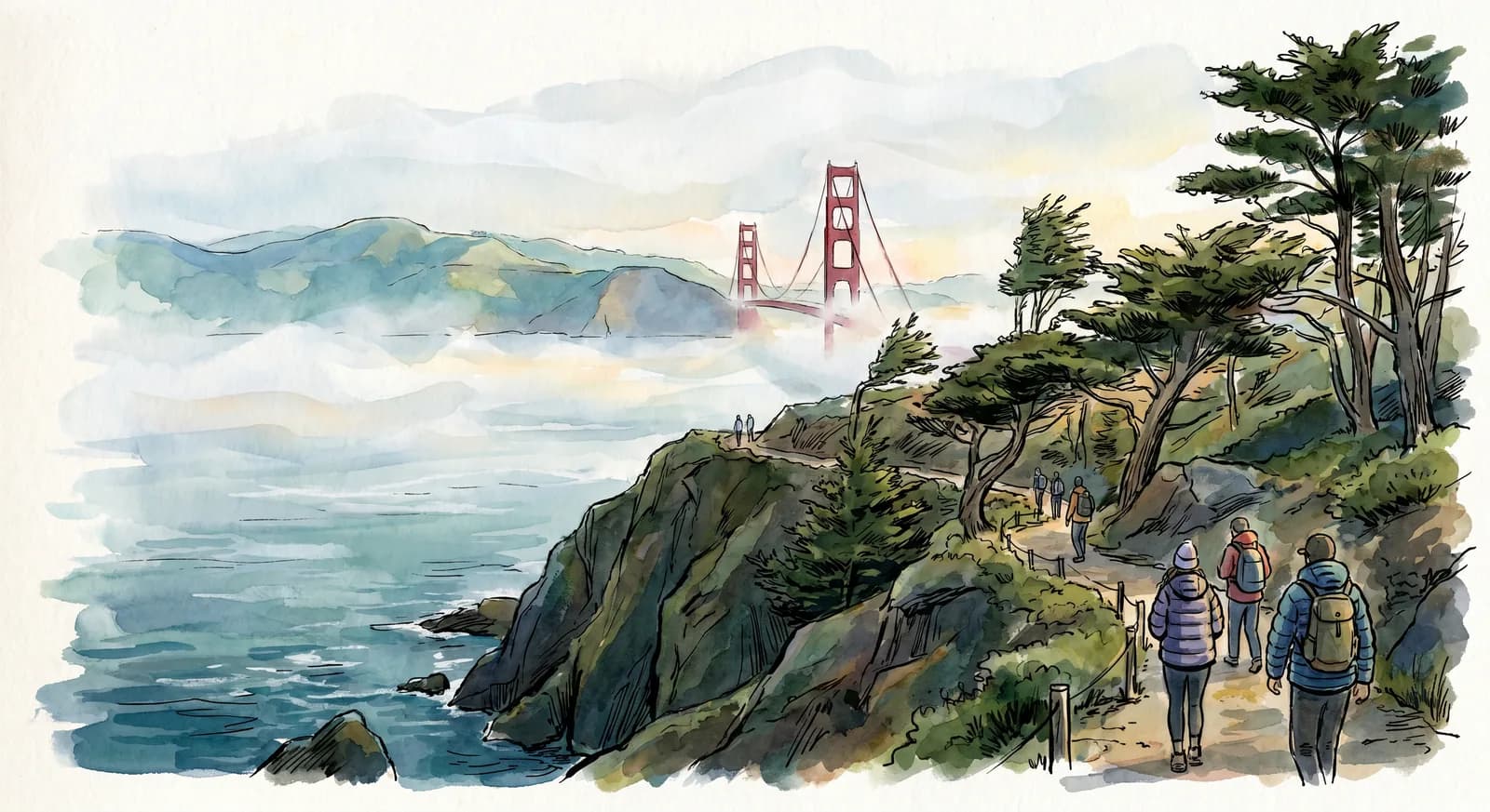 The Lands End Coastal Trail at the northwest tip of San Francisco, with cypress trees, dark cliffs and the Golden Gate Bridge in the distance