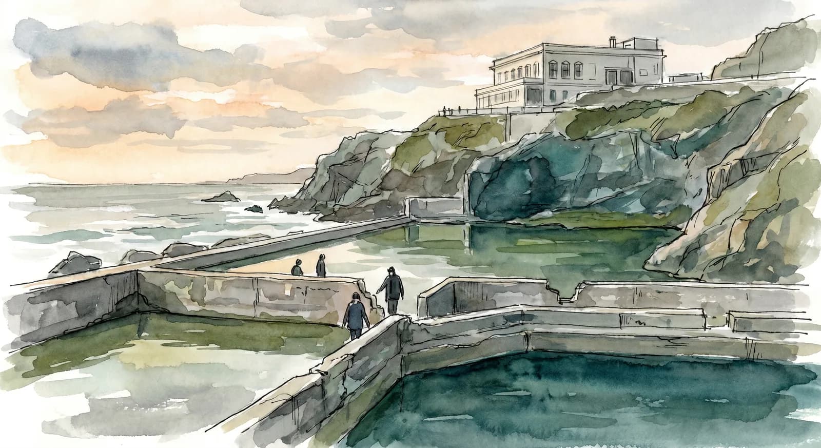 Sutro Baths ruins, concrete pool walls and seawater at the cliff base, the old Cliff House on the bluff above