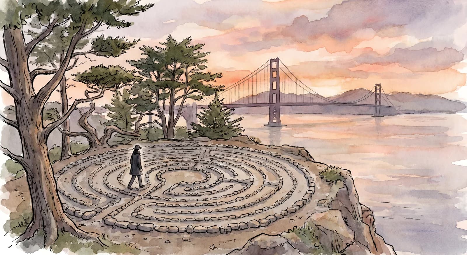 Lands End stone labyrinth on a clifftop with the Golden Gate Bridge visible in the background