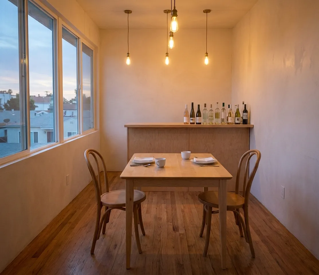 A newly opened Los Angeles dining room at dusk with bare plaster walls, blond wood tables and a short bar along the back