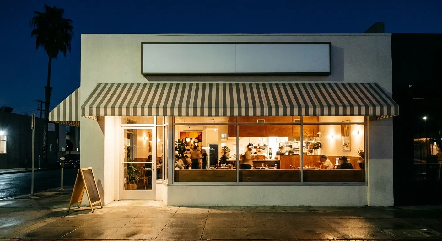A newly opened single-storey Los Angeles restaurant at night, warm light spilling from a full-width window onto the sidewalk