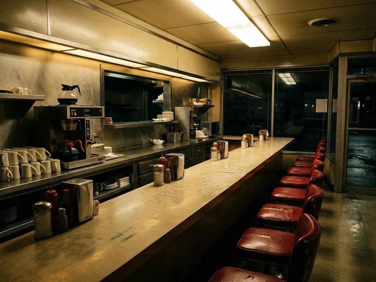 A formica late-night counter with vinyl stools, a coffee warmer and a stack of white mugs, lit hard from overhead