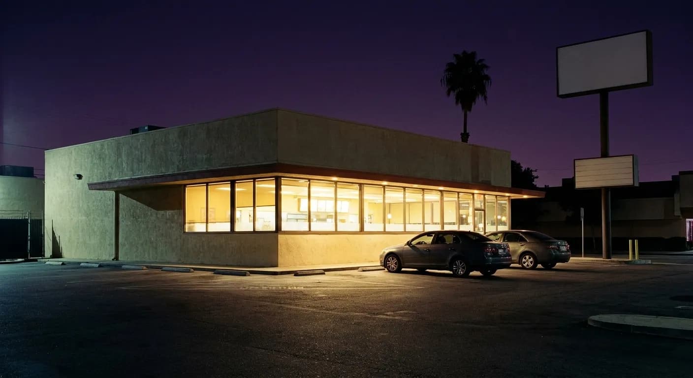 A Los Angeles corner restaurant glowing after dark beside a half-empty parking lot, with a blank sign pylon at the lot edge