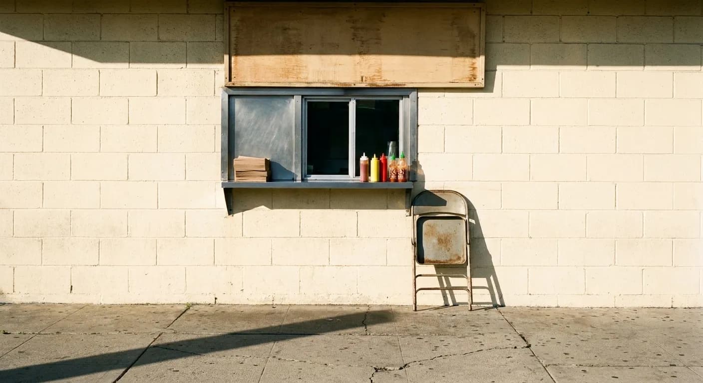 A Los Angeles walk-up food window in hard mid-afternoon light, with a steel shelf of napkins and squeeze bottles and an empty sidewalk