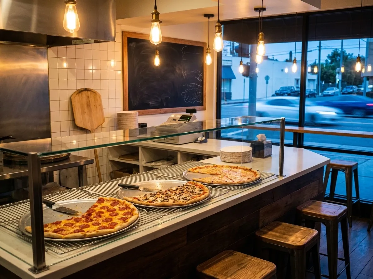 A small Los Angeles slice counter in the early evening, with three half-sold trays of pizza behind glass, a wooden peel leaning on the wall and a stack of paper plates under a warm bulb