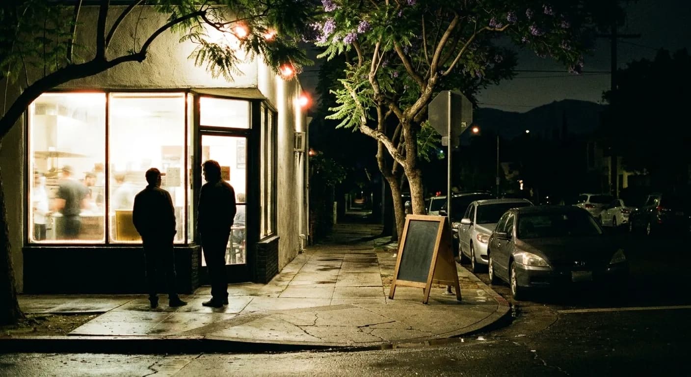 A corner pizza shop on a Los Angeles side street after dark, its window bright white, two silhouetted people waiting outside and jacaranda branches overhead catching the light
