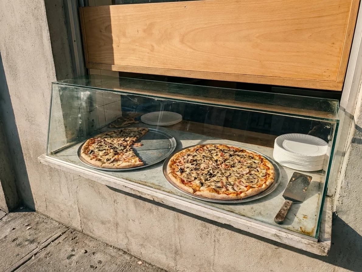 A slice counter with two large pizzas under a glass guard, one nearly gone, beside a stack of paper plates and a steel spatula