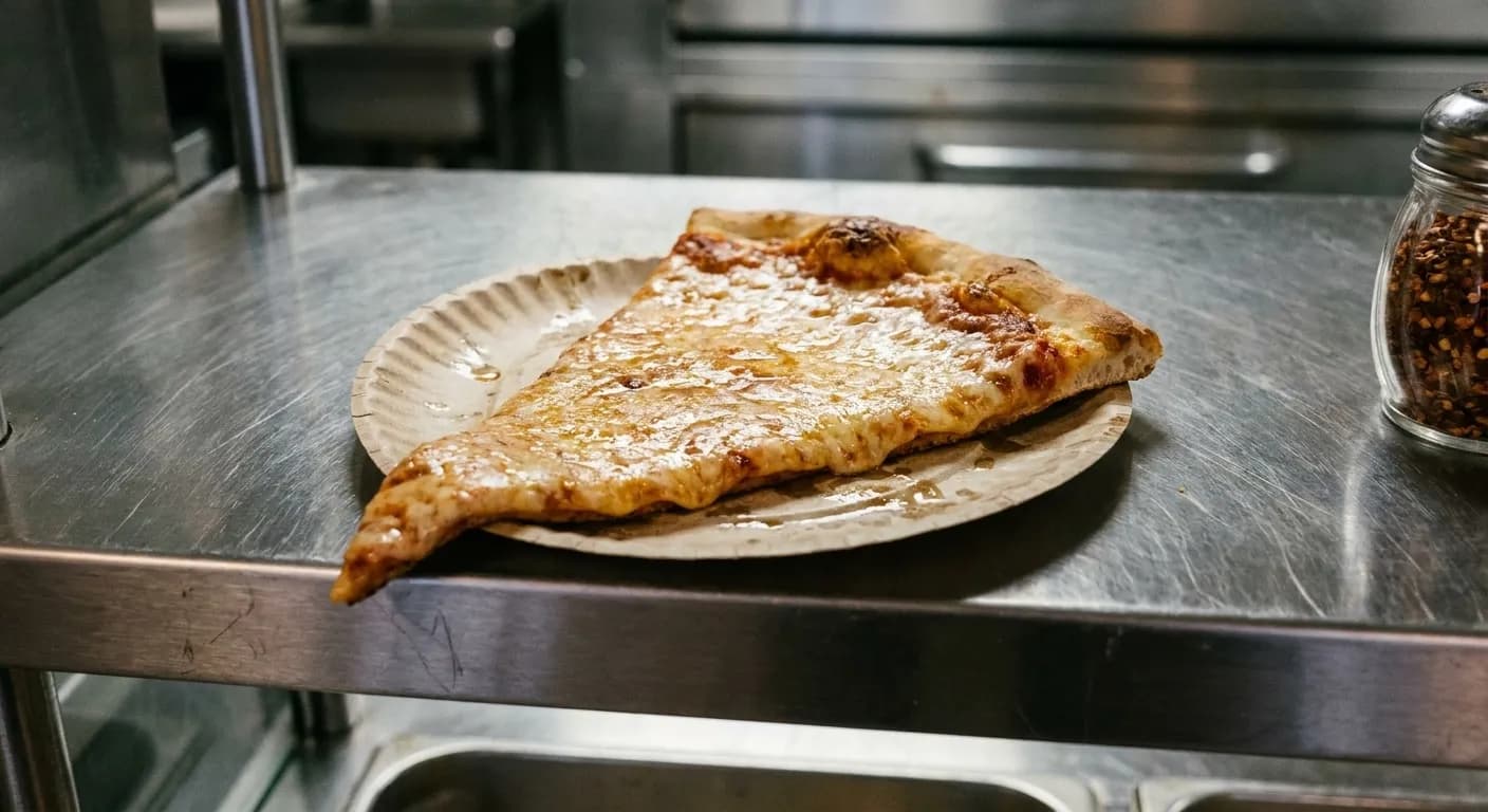A wide slice of cheese pizza drooping over the edge of a thin paper plate on a stainless shelf beside a chilli shaker