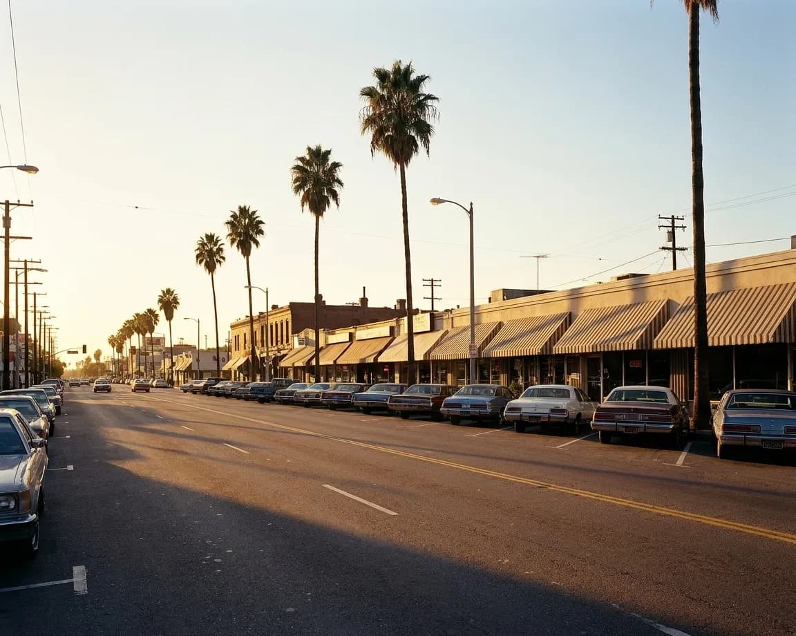 A wide Los Angeles boulevard of low awninged restaurant frontages with angled parking in front and palms breaking the roofline