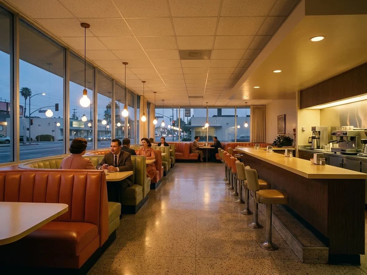 A mid-century Los Angeles dining room with vinyl booths along a window wall and a counter with stools opposite