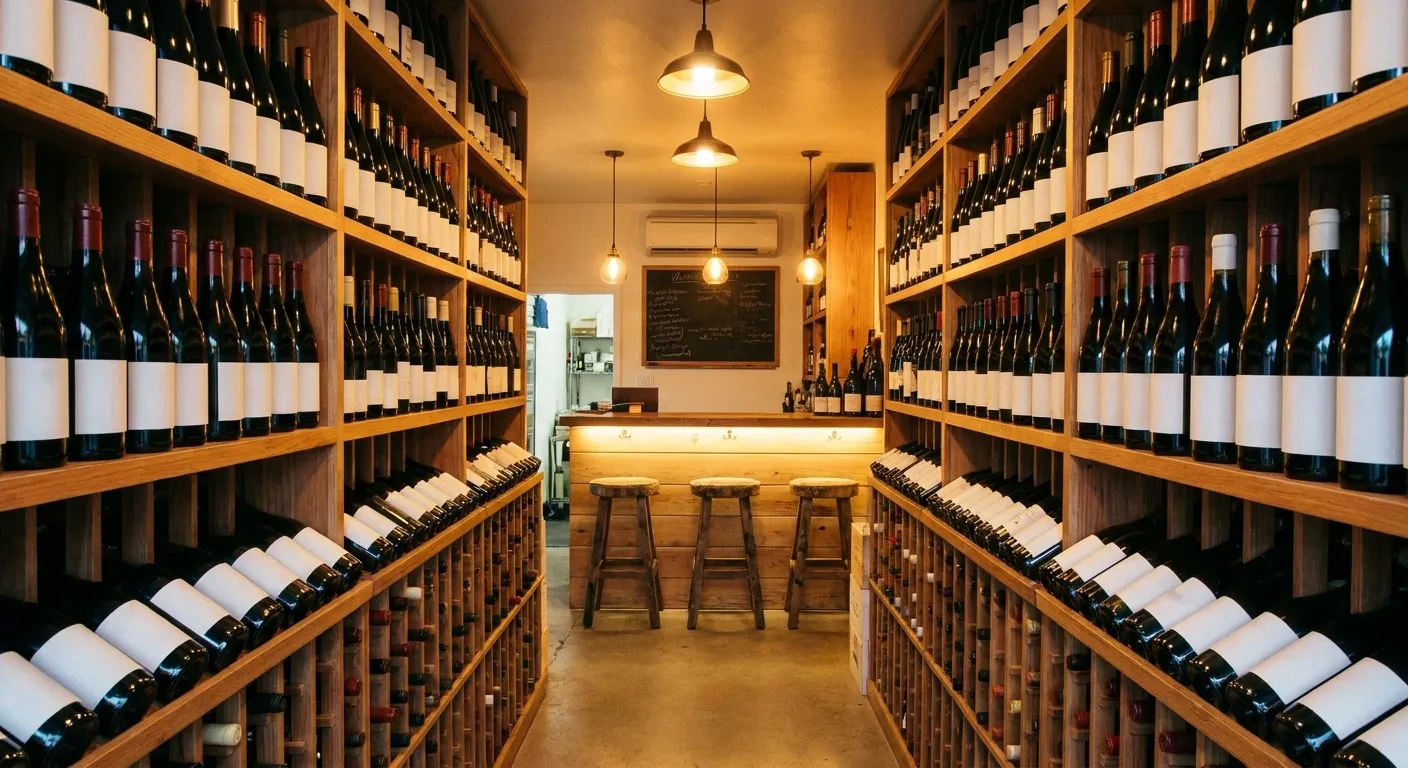 A narrow Los Angeles bottle shop with floor-to-ceiling wine racks leading to a lit tasting counter with three stools at the back