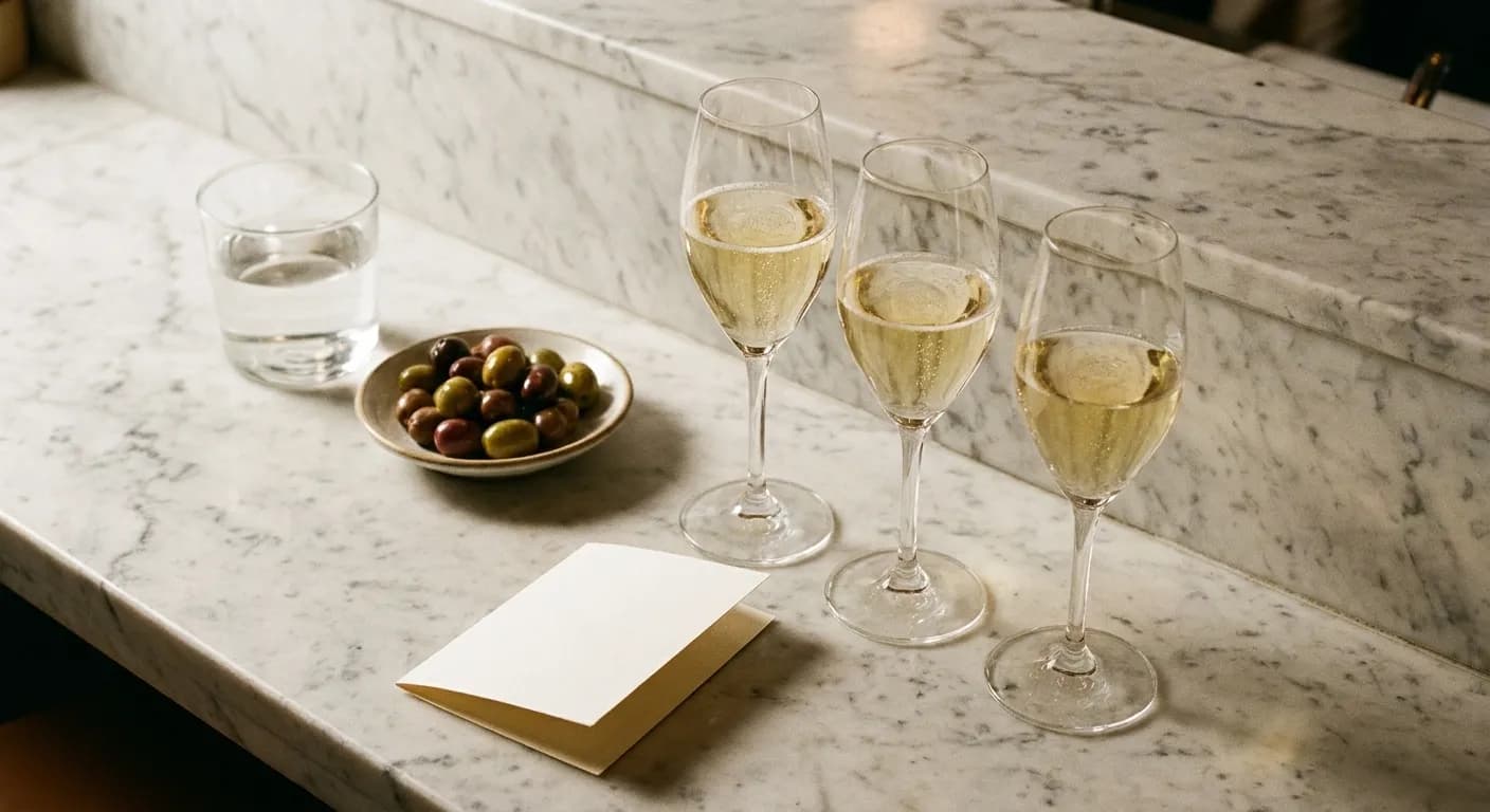 A flight of three small wine pours on a marble counter beside a water glass and a dish of olives