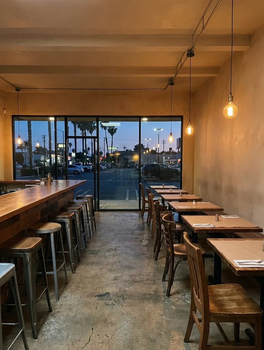 A plain plaster Los Angeles dining room at dusk with wooden chairs, paper-topped tables and a counter of stools along one wall