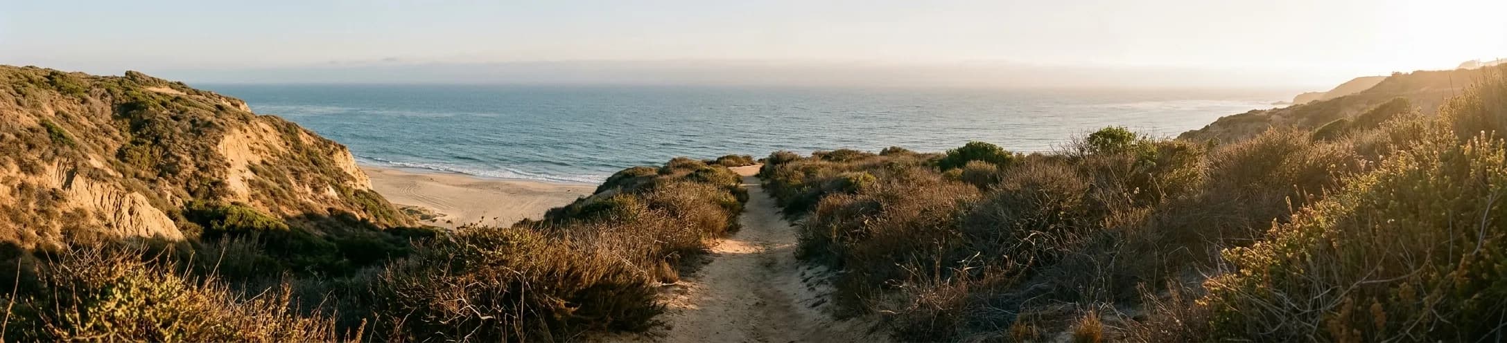 A narrow sand path dropping through coastal scrub toward an empty crescent of beach, with the ocean beyond in late afternoon light