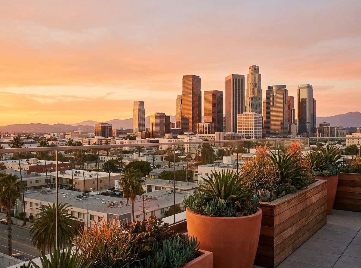 The view from a mid-height Los Angeles rooftop terrace at sunset over low rooftops toward a cluster of downtown towers