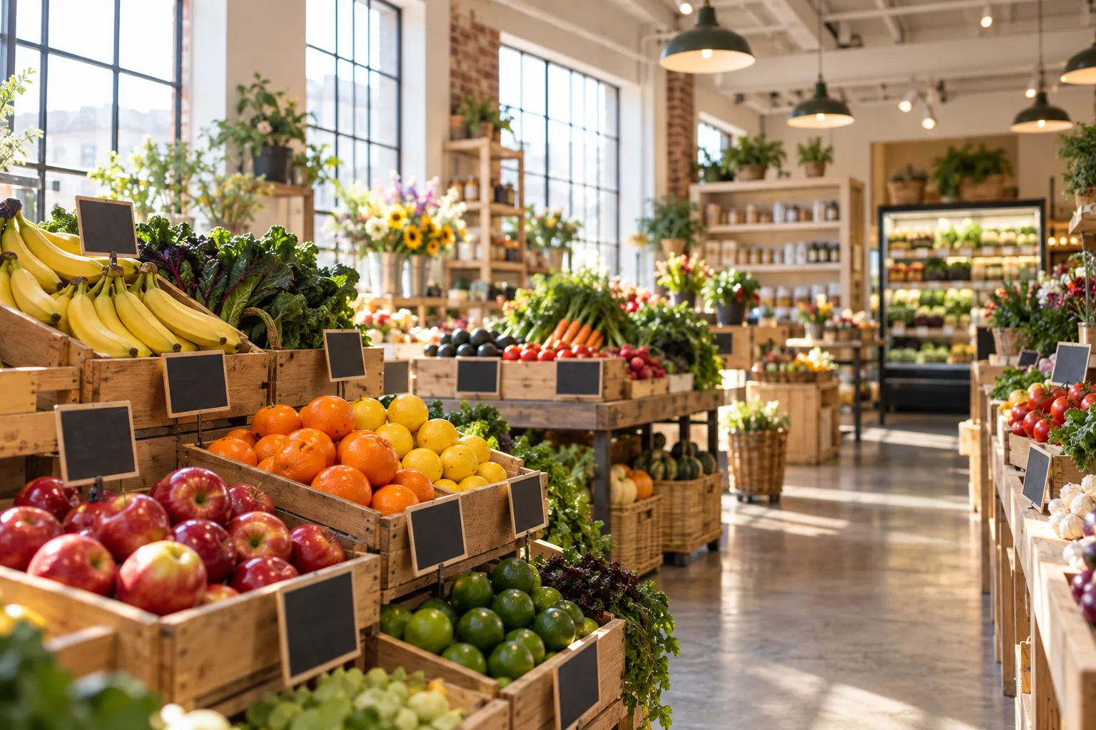 A bright organic grocery interior with produce displays