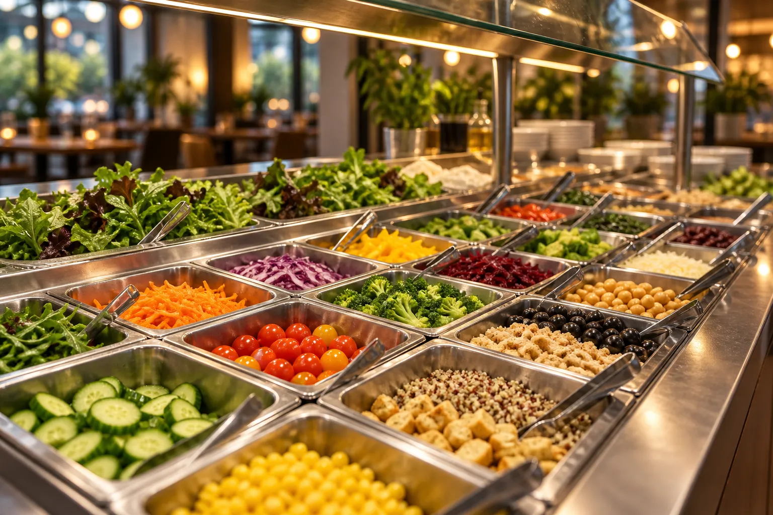 A salad bar with stainless trays of vegetables and grains