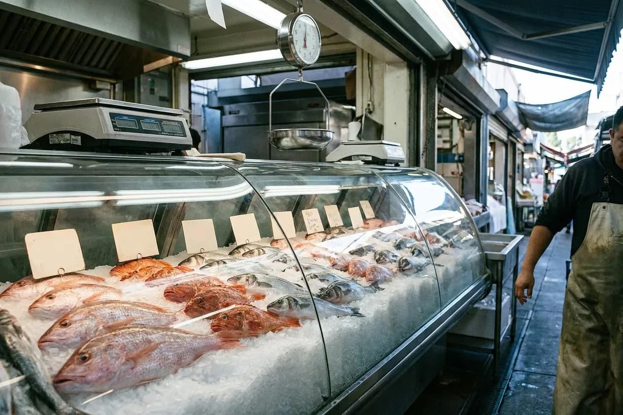 A Los Angeles fish counter with whole fish laid on crushed ice behind curved glass and a vendor in a rubber apron