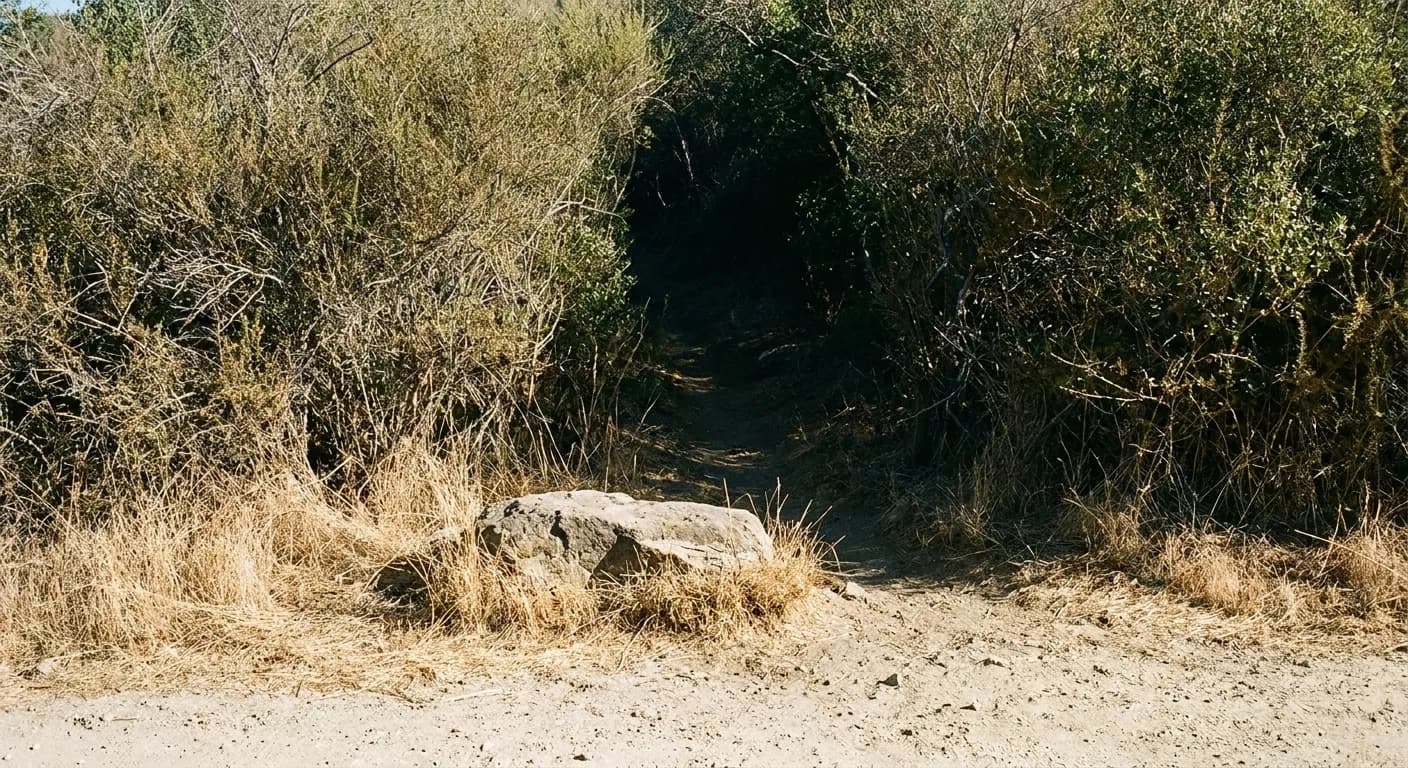 An unmarked footpath leaving a dirt road through a gap in dense chaparral and dropping into deep shade
