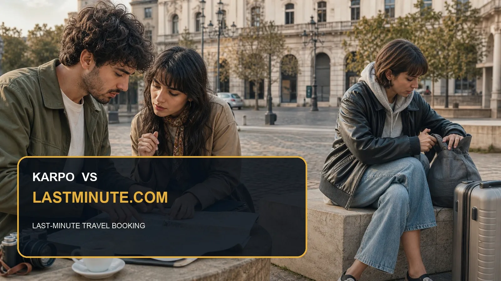 Karpo versus lastminute.com in a photorealistic editorial city comparison.