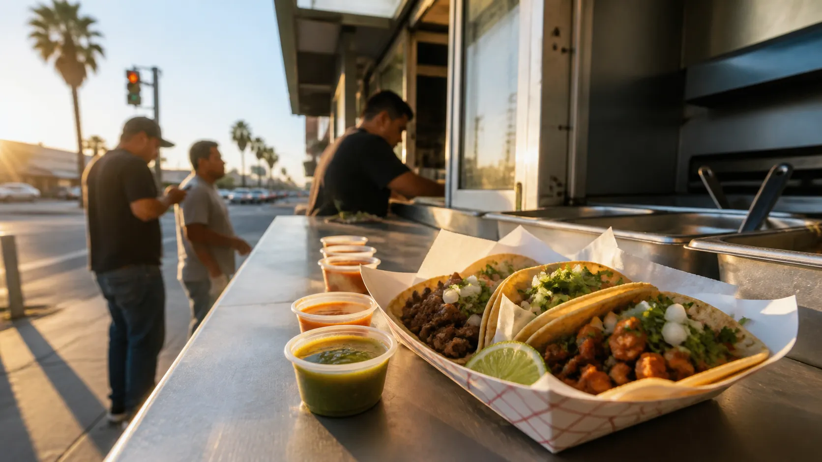 Tacos on a tray at a Los Angeles neighborhood stand during golden hour.