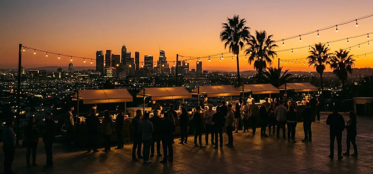 An outdoor evening gathering in Los Angeles, people in loose groups on a paved terrace under string lights beside food stalls, with palms silhouetted against an orange sunset and the city lights below