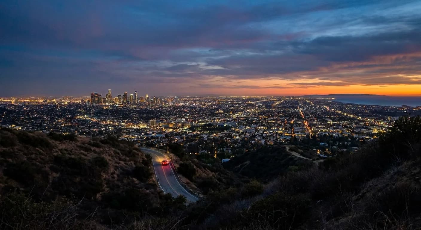 The view from a hillside road above Los Angeles just after sunset, dry chaparral in the foreground and the lit grid of the basin spreading to the horizon with downtown a small bright cluster