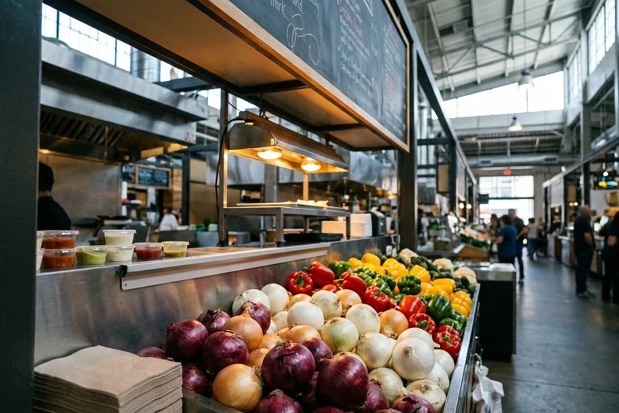 A narrow food-hall stall counter with a warming lamp over the service shelf and the blurred concourse behind