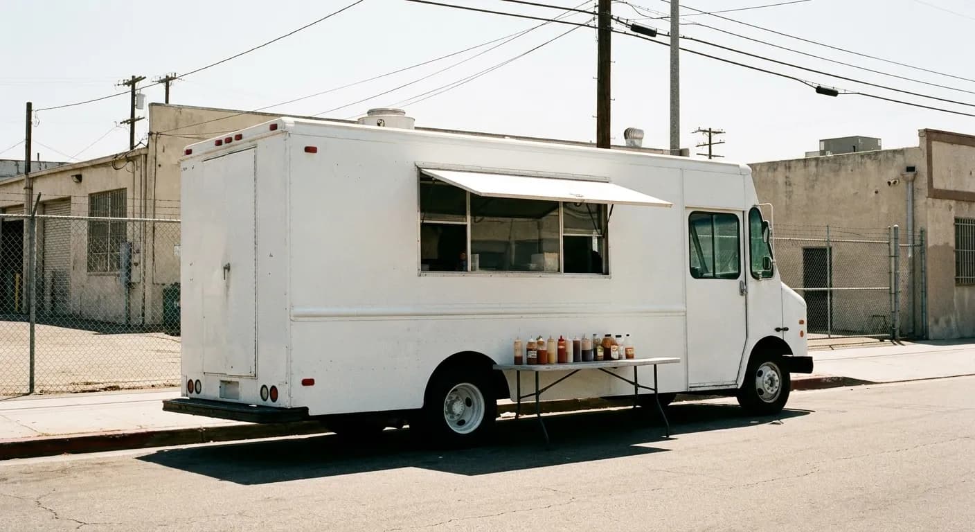 A plain white food truck parked at a kerb with its awning propped over the serving hatch and a folding table of sauces beside it