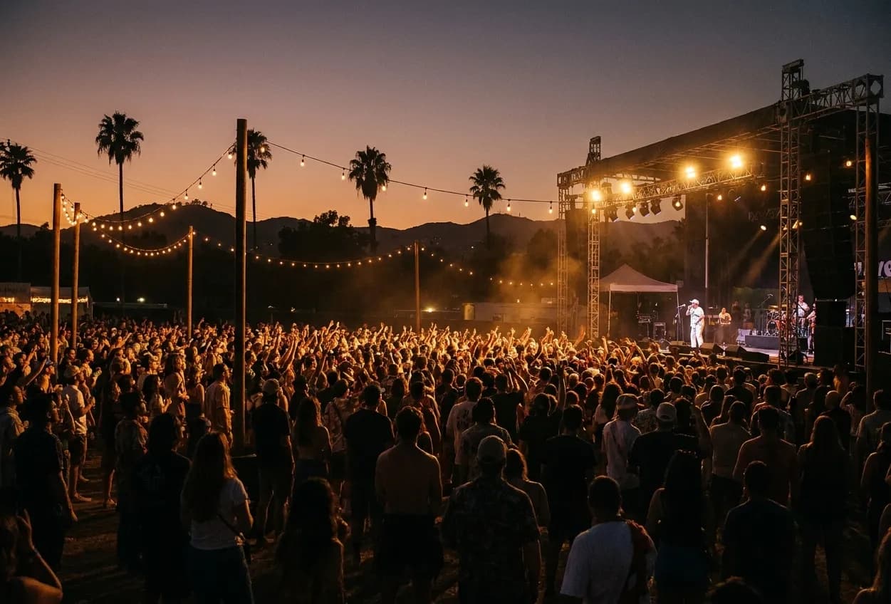 An outdoor Los Angeles music crowd at dusk facing a distant lit stage under string lights, with palms and hills silhouetted