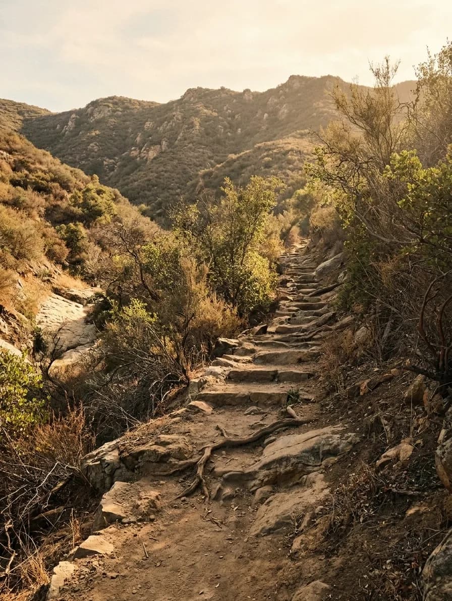 A worn rocky single-track trail climbing between chaparral banks above a dry creek bed in a Southern California canyon